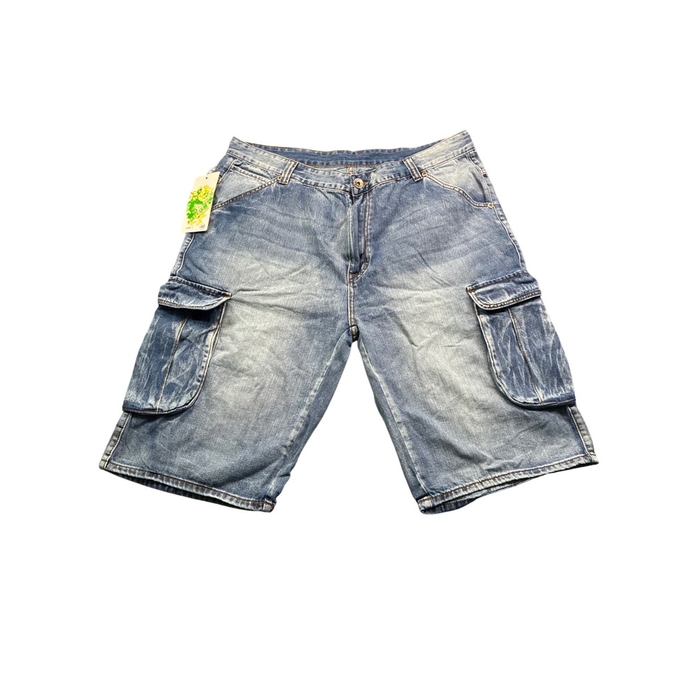Play Bigg Mens Denim Cargo Shorts Light Wash Blue Relaxed Fit Casual Size 40